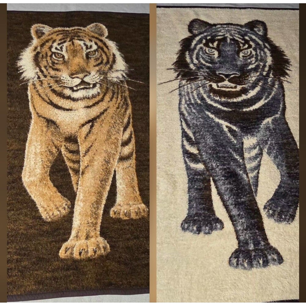 Vintage Biederlack Reversible Tiger Throw Blanket Brown Cream 53" X 54"